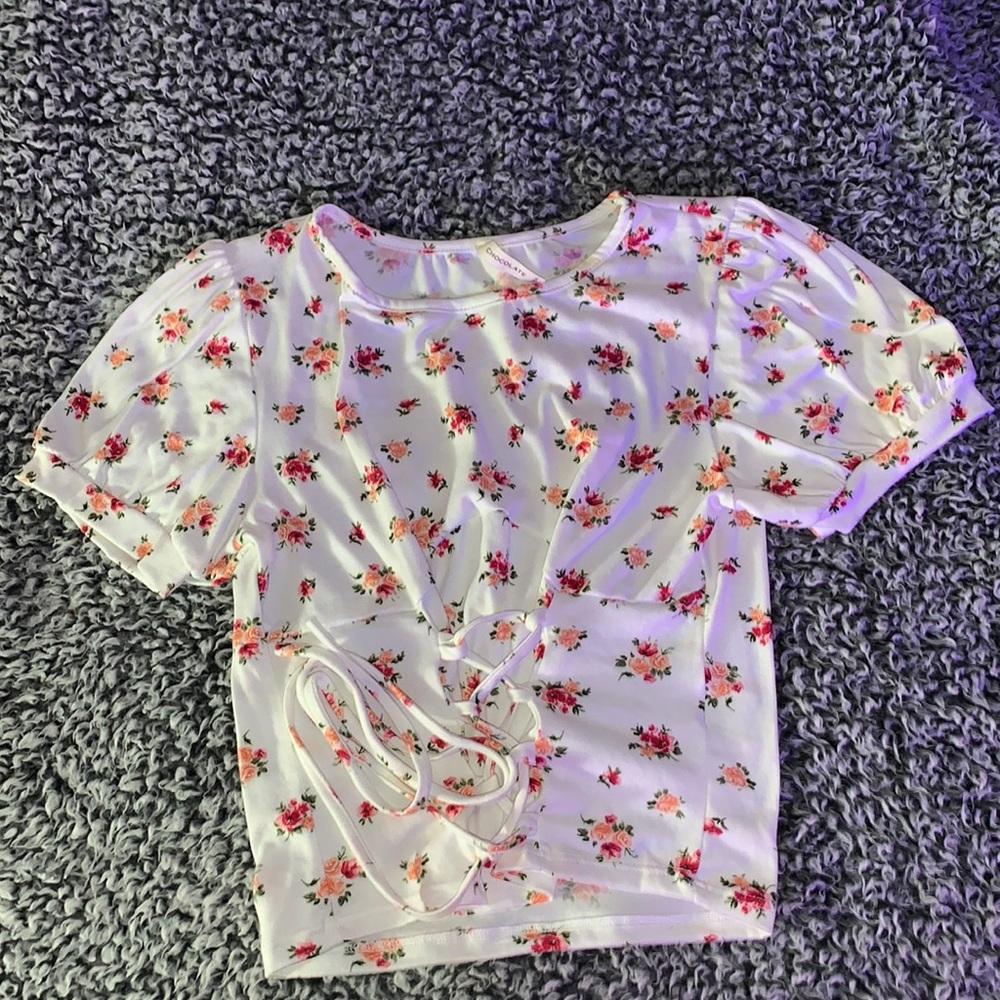 Crop top, red pink green and white is on the crop top